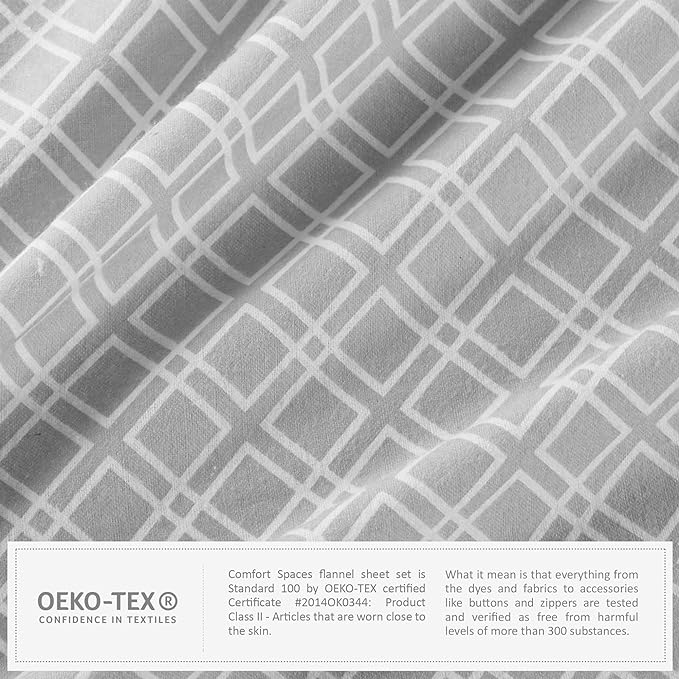 Comfort Spaces Cotton Flannel Breathable Warm Deep Pocket Sheets with Pillow Case Bedding, King, Grey Geo 4 Piece - LeafyLoom