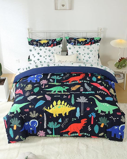 Kids Boys Dinosaur Comforter Set Full Size 7 Piece Bed in a Bag Colorful Dino Bedding Set for Child Teens (1 Comforter, 1 Flat Sheet, 1 Fitted Sheet, 2 Pillow Shams, 2 Pillowcases) - LeafyLoom