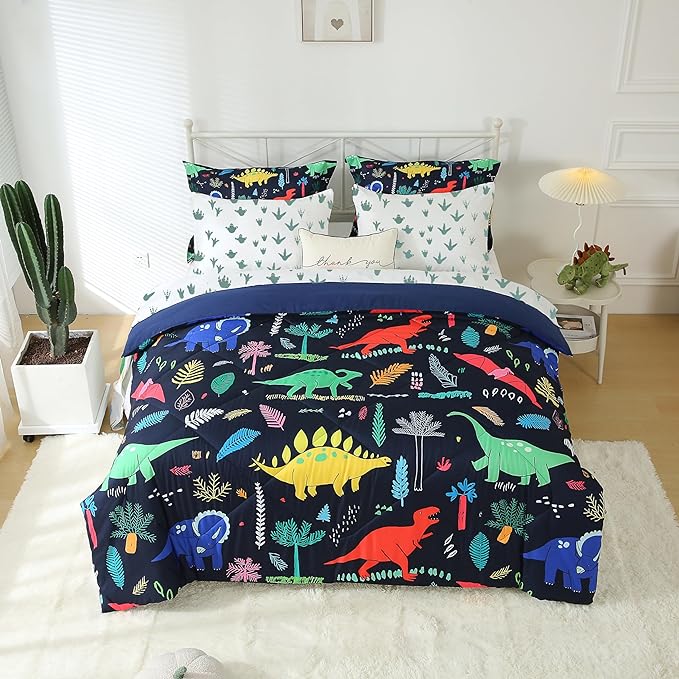 7 Piece Dinosaur Bedding Set Queen Size for Kids Boys Teens Cartoon Blue Dino Comforter Set with Sheet Colorful 3D Print Bed in a Bag - LeafyLoom