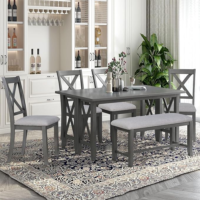 6-Piece Family Dining Set with Solid Wood Foldable Table, 4 Upholstered Chairs and Bench, Easy to Assemble, for Living Room, Kitchen, Home Bar, Diningroom, Dark Gray+Light Gray - LeafyLoom