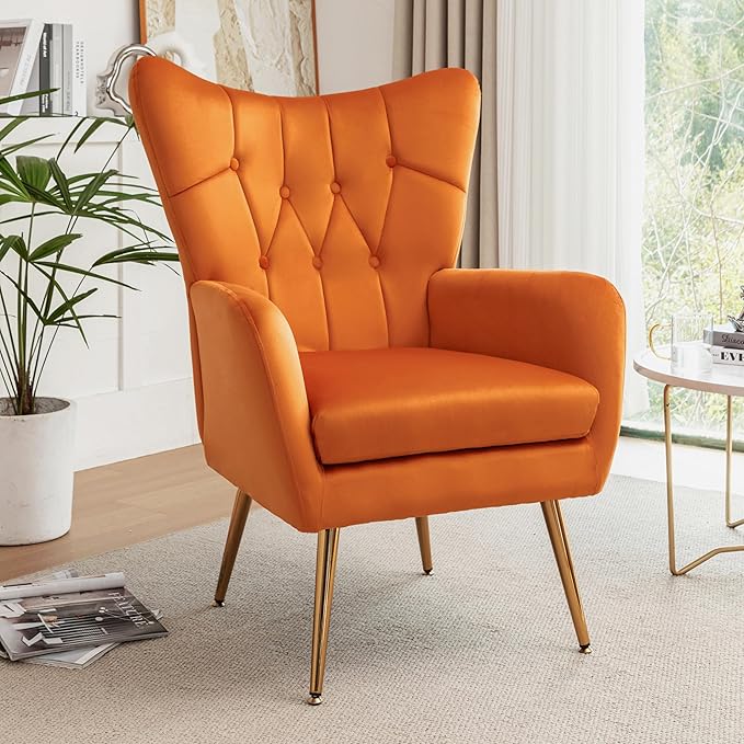 US Pride Furniture Modern Accent Chair with Ergonomic High Wingback, Microfiber Upholstered Armchair with Metal Legs for Living Room, Bedroom, Office or Vanity, Orange - LeafyLoom