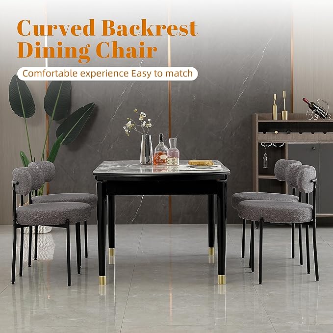 DYHOME Dark Grey Dining Chairs Set of 2, Mid-Century Modern Dining Chairs, Kitchen Dining Room Chairs, Curved Backrest Round Upholstered Boucle Sherpa Dining Chair with Black Metal Legs - LeafyLoom