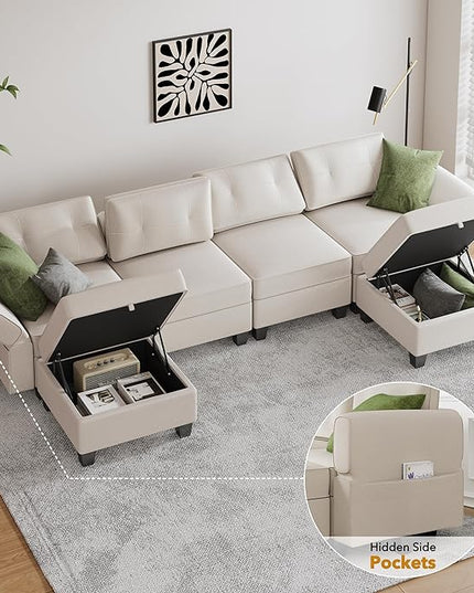 113'' Modular Sectional Sofa, Convertible Sectional Couches for Living Room U Shaped Sectional Sofa Couch with Storage Ottoman, High Supportive 6 Seats Reversible Sectionals with Chaise, Beige - LeafyLoom
