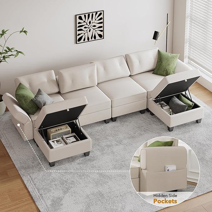 113'' Modular Sectional Sofa, Convertible Sectional Couches for Living Room U Shaped Sectional Sofa Couch with Storage Ottoman, High Supportive 6 Seats Reversible Sectionals with Chaise, Beige - LeafyLoom