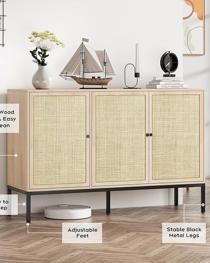 Brafab Rattan Cabinet Storage Sideboard Buffet Table Accent Console for Living Room Entryway Kitchen Dining Room 3 Doors - LeafyLoom
