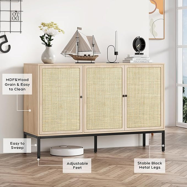 Brafab Rattan Cabinet Storage Sideboard Buffet Table Accent Console for Living Room Entryway Kitchen Dining Room 3 Doors - LeafyLoom