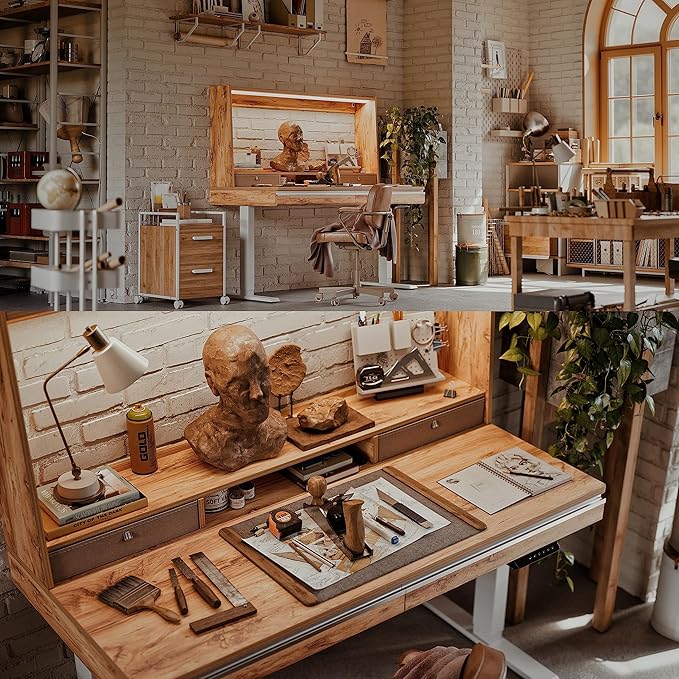 FEZIBO 55 x 27.5 Inches Electric Standing Desk with Open Shelf&LED Strip, Adjustable Height Sit Stand Up Desks with 4 Drawers, Ergonomic Workstation，Light Rustic - LeafyLoom