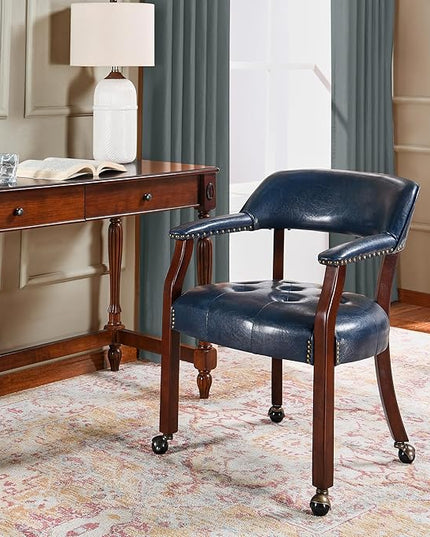 Dining Chairs with Casters and Arms, Rolling Dining Chairs with Wheels, Accent Game Poker Table Chairs, Solid Wood Boss Caption's Chairs Office Desk Chairs, Cherry Legs & Blue SY-1533-LB - LeafyLoom