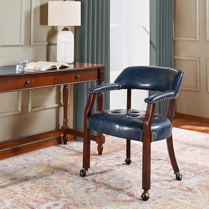 Dining Chairs with Casters and Arms, Rolling Dining Chairs with Wheels, Accent Game Poker Table Chairs, Solid Wood Boss Caption's Chairs Office Desk Chairs, Cherry Legs & Blue SY-1533-LB - LeafyLoom