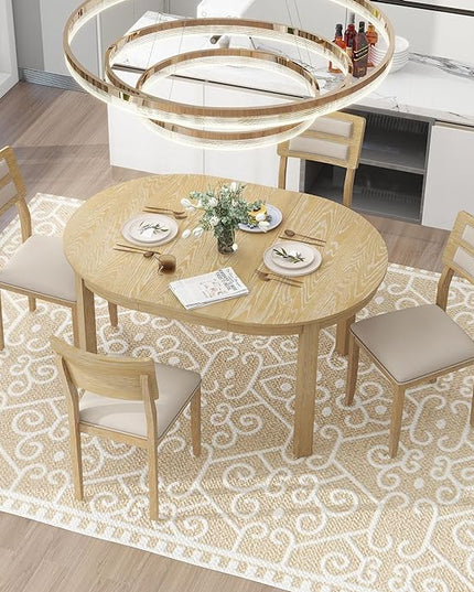 5-Piece Farmhouse Extendable Round Dining Table Set with Two 4 Upholstered Chairs for Kitchen, Breakfast Nook, Living Room, 42"-56" L x 42" W x 30" H, Natural Wood Wash(2 Small Drawers) - LeafyLoom