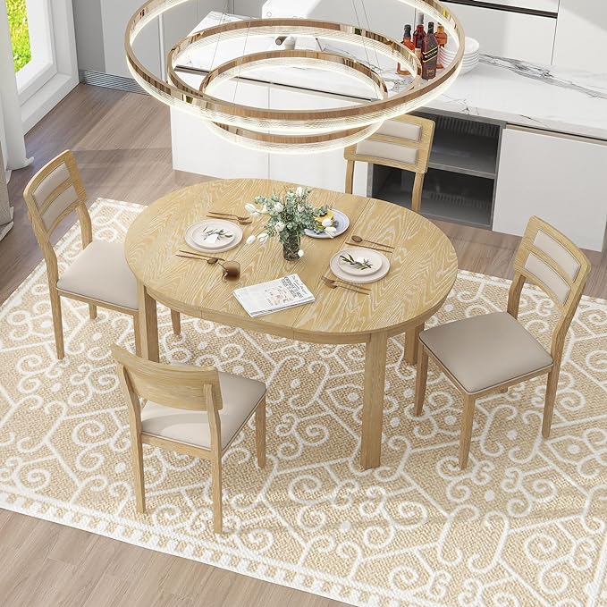 5-Piece Farmhouse Extendable Round Dining Table Set with Two 4 Upholstered Chairs for Kitchen, Breakfast Nook, Living Room, 42"-56" L x 42" W x 30" H, Natural Wood Wash(2 Small Drawers) - LeafyLoom