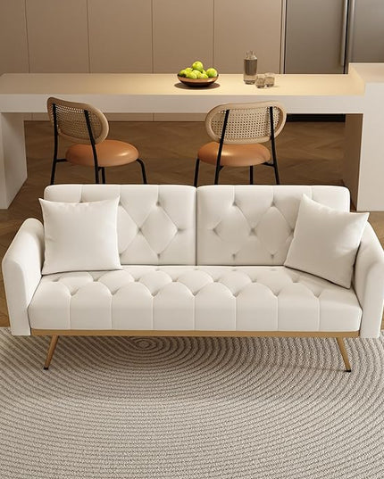 Velvet Upholstered Modern Convertible Futon Couch Folding Sofa Bed Recliner Lounge Loveseat Daybed Sofacama with Adjustable Backrest and Golden Legs for Small RV Living Room Office, Beige 68.3" - LeafyLoom