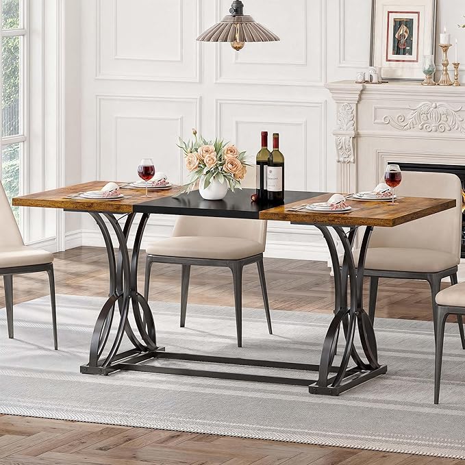 DWVO 70.3" Large Farmhouse Dining Table for 6-8 People, Rectangular Rustic Brown Kitchen Dining Room Table Industrial Wood Style with Heavy Duty Metal Legs, Apartment Dinette Tables for Eating Dinner - LeafyLoom
