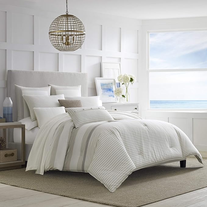 Nautica - King Size Comforter Set, Cotton Reversible Bedding with Matching Shams, Ideal Home Decor for All Seasons (Saybrook Beige, King) - LeafyLoom