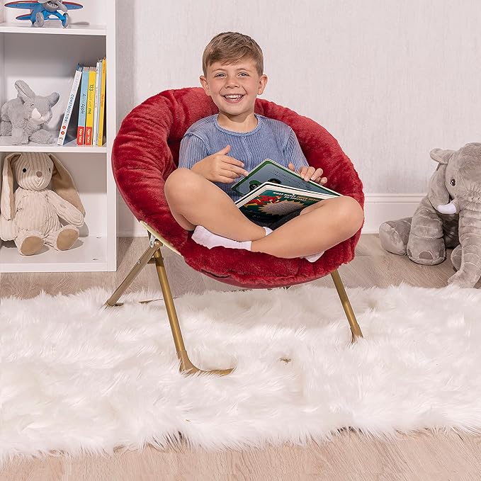 Milliard Mini Cozy Chair for Kids, Sensory Faux Fur Folding Saucer Chair for Toddlers, Red - LeafyLoom