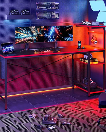Bestier 61 Inch Gaming Desk with LED Lights, Reversible Shelves, Height Adjustable Shelf, Steel Frame, CARB P2 Class Board, Black Grained - LeafyLoom