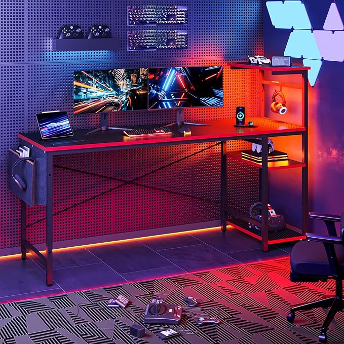 Bestier 61 Inch Gaming Desk with LED Lights, Reversible Shelves, Height Adjustable Shelf, Steel Frame, CARB P2 Class Board, Black Grained - LeafyLoom