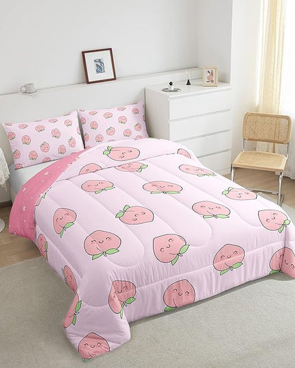 Cartoon Comforter Set Twin Size Pink Peach Bedding Set Kid Kawaii Down Comforter Girl Lovely Peach Duvet Set Cute Fruits Comforter Tropical Plant Bedding Reversible Soft Lightweight Room Decor - LeafyLoom