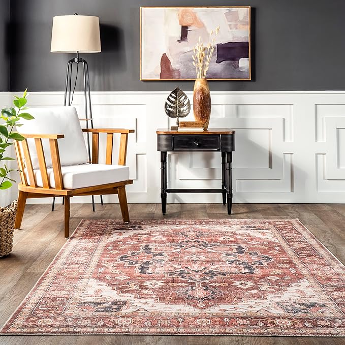 nuLOOM Emmy Faded Persian Machine Washable Ultra Thin Area Rug, 4' x 6', Red - LeafyLoom