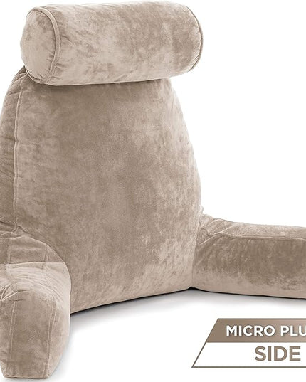 Husband Pillow XXL Aspen Edition, Adult Reading Sit Up Bed Rest Pillow for Bed with Arms & Neck Roll on Bungee Cord - Premium Memory Foam - Reversible 2 Sided Cover Micro Suede or Plush, Cowboy Taupe - LeafyLoom