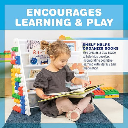UNiPLAY Kids 4-Tier Book Storage Organizer with Sling Book Pockets, Plastic Sling Rack Bookshelf for Playroom, Fits Blocks, White - LeafyLoom