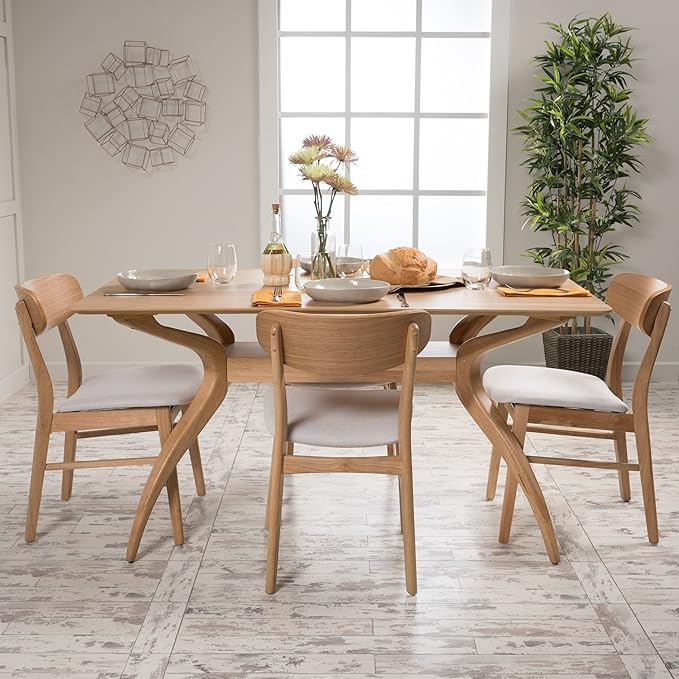 Christopher Knight Home Lucious Curved Leg Rectangular Dining Set, 5-Pcs Set, Natural Oak / Light Beige - LeafyLoom