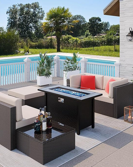 Shintenchi 5 Pieces Patio Furniture Sets w/45 inch Fire Pit Table, Outdoor Conversation Set w/50,000 BTU Steel Gas Fire Pit, Patio Sectional Sofa Set w/Glass Table &Ottoman - LeafyLoom