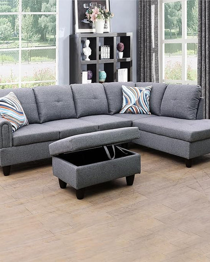 ROOMTEC Button Modern L Shape Sectional Sofa Set, Upholstered Corner Couch with Storage Ottoman, Linen Tufted Cushions, for Living Room, Apartment, 97inch, Grey w/Right Chaise Lounge - LeafyLoom