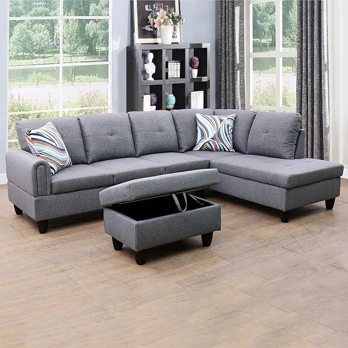 ROOMTEC Button Modern L Shape Sectional Sofa Set, Upholstered Corner Couch with Storage Ottoman, Linen Tufted Cushions, for Living Room, Apartment, 97inch, Grey w/Right Chaise Lounge - LeafyLoom
