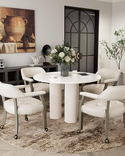 Large Dining Chairs with Casters and Arms, Rolling Dining Chairs with Wheels, Accent Game Poker Table Chairs, Solid Wood Office Chairs, 26“Dx25.2 Wx31.5“H, Grey Legs & Ivory PU SY-1318-WT - LeafyLoom