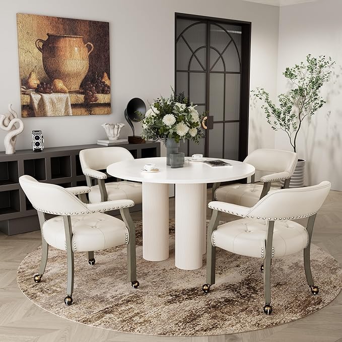 Large Dining Chairs with Casters and Arms, Rolling Dining Chairs with Wheels, Accent Game Poker Table Chairs, Solid Wood Office Chairs, 26“Dx25.2 Wx31.5“H, Grey Legs & Ivory PU SY-1318-WT - LeafyLoom