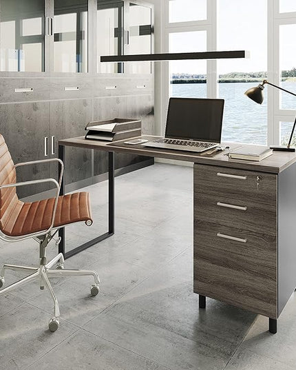 Milano Home Office Desk - 47Inch Space Grey/Black Home Office Desk with Drawers - Modern Computer Desk with Storage, Detachable & Lockable Computer Cabinet - Wooden Office, Study, and Writing Table - LeafyLoom