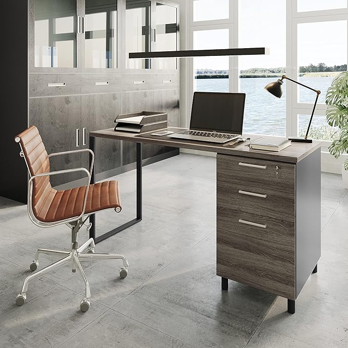 Milano Home Office Desk - 47Inch Space Grey/Black Home Office Desk with Drawers - Modern Computer Desk with Storage, Detachable & Lockable Computer Cabinet - Wooden Office, Study, and Writing Table - LeafyLoom