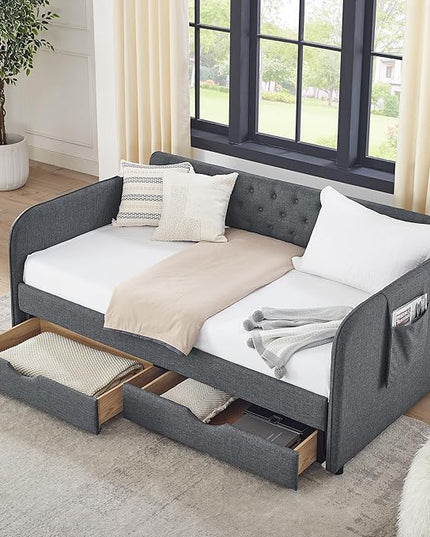Twin Size Upholstery modern Daybed, Trundle Bed and Two Storage Drawers,pull out Button Tufted Sofa Armrest side with pocket,for Bedroom Living Room,Linen Dark Grey - LeafyLoom