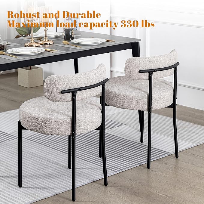 DYHOME Light Grey Dining Chairs Set of 4, Modern Dining Room Chairs Mid-Century, Round Upholstered Kitchen Chairs with Black Metal Legs, Boucle Sherpa Dining Chair - LeafyLoom