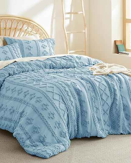 Bedsure Tufted Boho Comforter Set Full - Dusty Blue Boho Bedding Comforter Set, 3 Pieces Farmhouse Shabby Chic Embroidery Bed Set, Soft Jacquard Comforter for All Seasons - LeafyLoom
