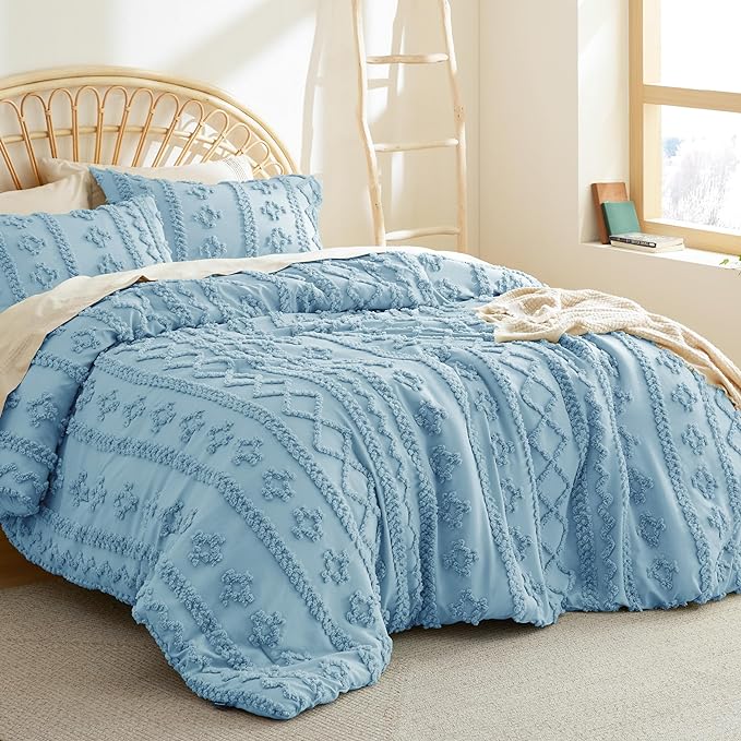 Bedsure Tufted Boho Comforter Set Full - Dusty Blue Boho Bedding Comforter Set, 3 Pieces Farmhouse Shabby Chic Embroidery Bed Set, Soft Jacquard Comforter for All Seasons - LeafyLoom