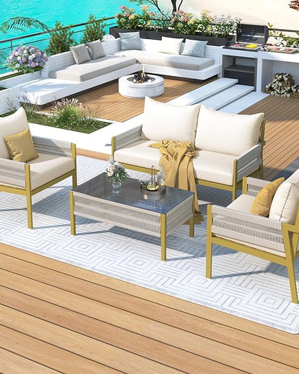 4-Piece Patio Conversation Furniture Set, Rope Weave Outdoor Loveseat Sofa with 2 Armchairs, Thick Cushion&Tempered Glass Table, for Garden Backyard, Onesize, Beige+Mustard Yellow - LeafyLoom