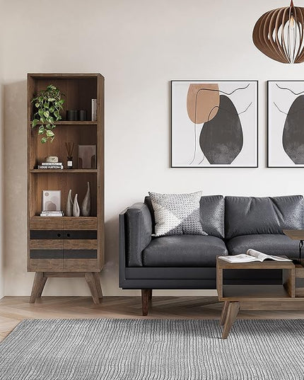 SIMPLIHOME Clarkson SOLID ACACIA WOOD 22 Inch Wide Contemporary Bookcase with Storage in Rustic Natural Aged Brown, For the Living Room, Study Room and Office - LeafyLoom