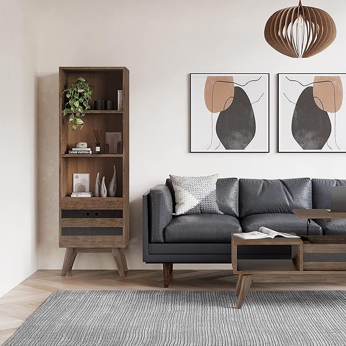 SIMPLIHOME Clarkson SOLID ACACIA WOOD 22 Inch Wide Contemporary Bookcase with Storage in Rustic Natural Aged Brown, For the Living Room, Study Room and Office - LeafyLoom