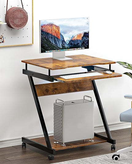 sogesfurniture Retro Computer Desk, Small Mobile Workstation with Keyboard Tray, Printer Shelf & Storage, 23.6x18.9x28.7 inches, Engineered Wood, for Home and Office - LeafyLoom