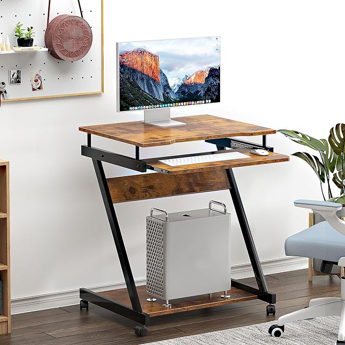 sogesfurniture Retro Computer Desk, Small Mobile Workstation with Keyboard Tray, Printer Shelf & Storage, 23.6x18.9x28.7 inches, Engineered Wood, for Home and Office - LeafyLoom