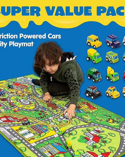 JOYIN Carpet Playmat w/ 12 Cars Pull-Back Vehicle Set for Kids Age 3+, Jumbo Play Room Rug, City Pretend Play - LeafyLoom