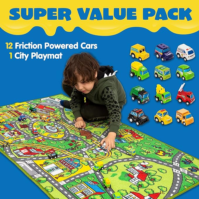 JOYIN Carpet Playmat w/ 12 Cars Pull-Back Vehicle Set for Kids Age 3+, Jumbo Play Room Rug, City Pretend Play - LeafyLoom