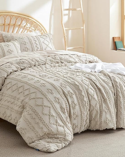 Bedsure Tufted Boho Comforter Set California King - Linen Boho Bedding Comforter Set, 3 Pieces Farmhouse Shabby Chic Embroidery Bed Set, Soft Jacquard Comforter for Women Men Girls - LeafyLoom
