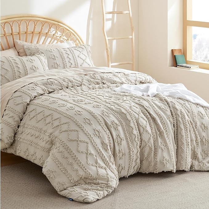 Bedsure Tufted Boho Comforter Set California King - Linen Boho Bedding Comforter Set, 3 Pieces Farmhouse Shabby Chic Embroidery Bed Set, Soft Jacquard Comforter for Women Men Girls - LeafyLoom