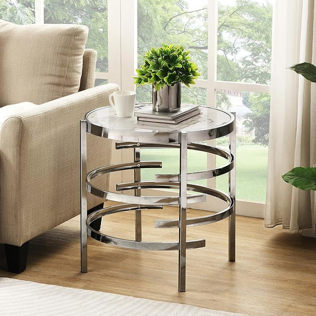Round Coffee Table Coffee Tables for Living Room Sintered Stone Marble Top Sturdy Metal Frame (Silver, 20.67 inches) - LeafyLoom