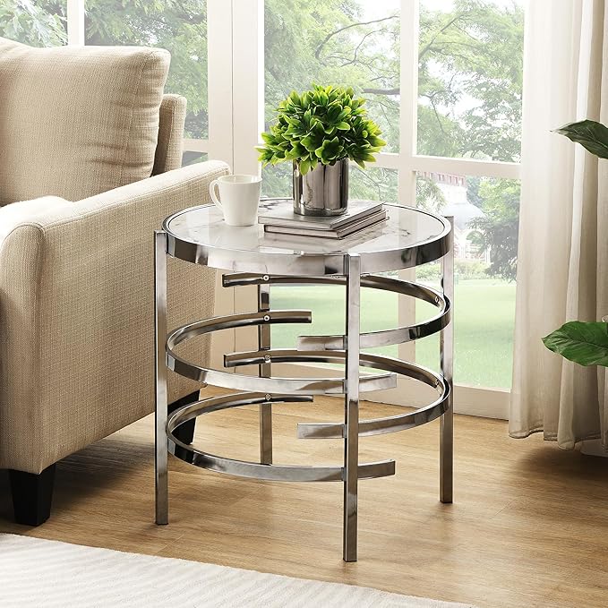 Round Coffee Table Coffee Tables for Living Room Sintered Stone Marble Top Sturdy Metal Frame (Silver, 20.67 inches) - LeafyLoom