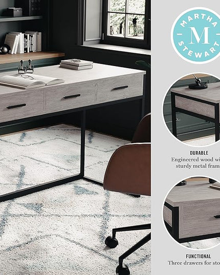 Martha Stewart Ollie Home Office Desk with 3 Drawers in Gray Wood Grain with Oil Rubbed Bronze Hardware - LeafyLoom