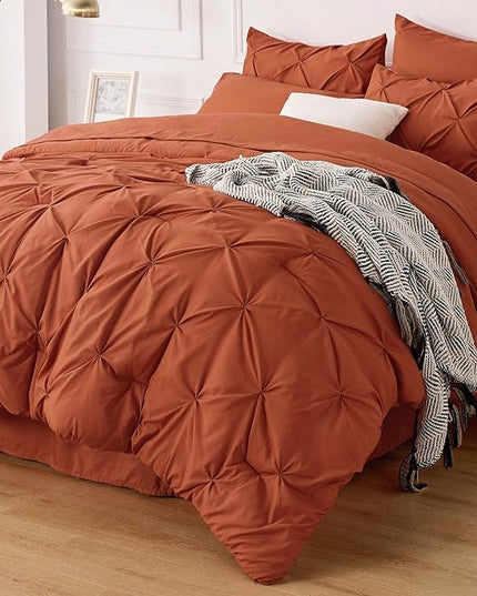 Bedsure Bed in a Bag Queen 7 Pieces - Queen Size Comforter Set, Pintuck Bedding Sets Burnt Orange Bed Set with Comforter, Sheets, Pillowcases & Shams - LeafyLoom
